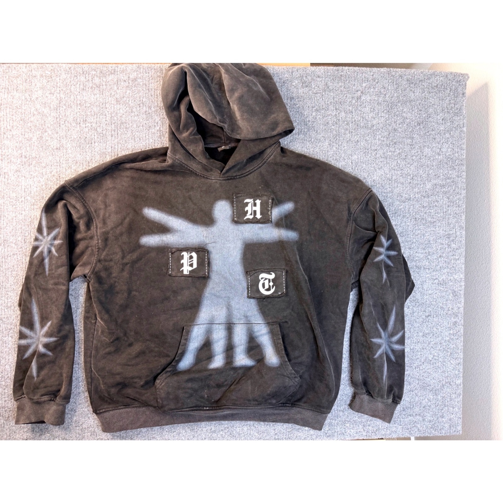 Wholeopolis Mens Xl Faded Black Graphic Hoodie Streetwear Heavyweight Pullover